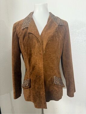Brown Suede Blazer with Leopard-Print Trim